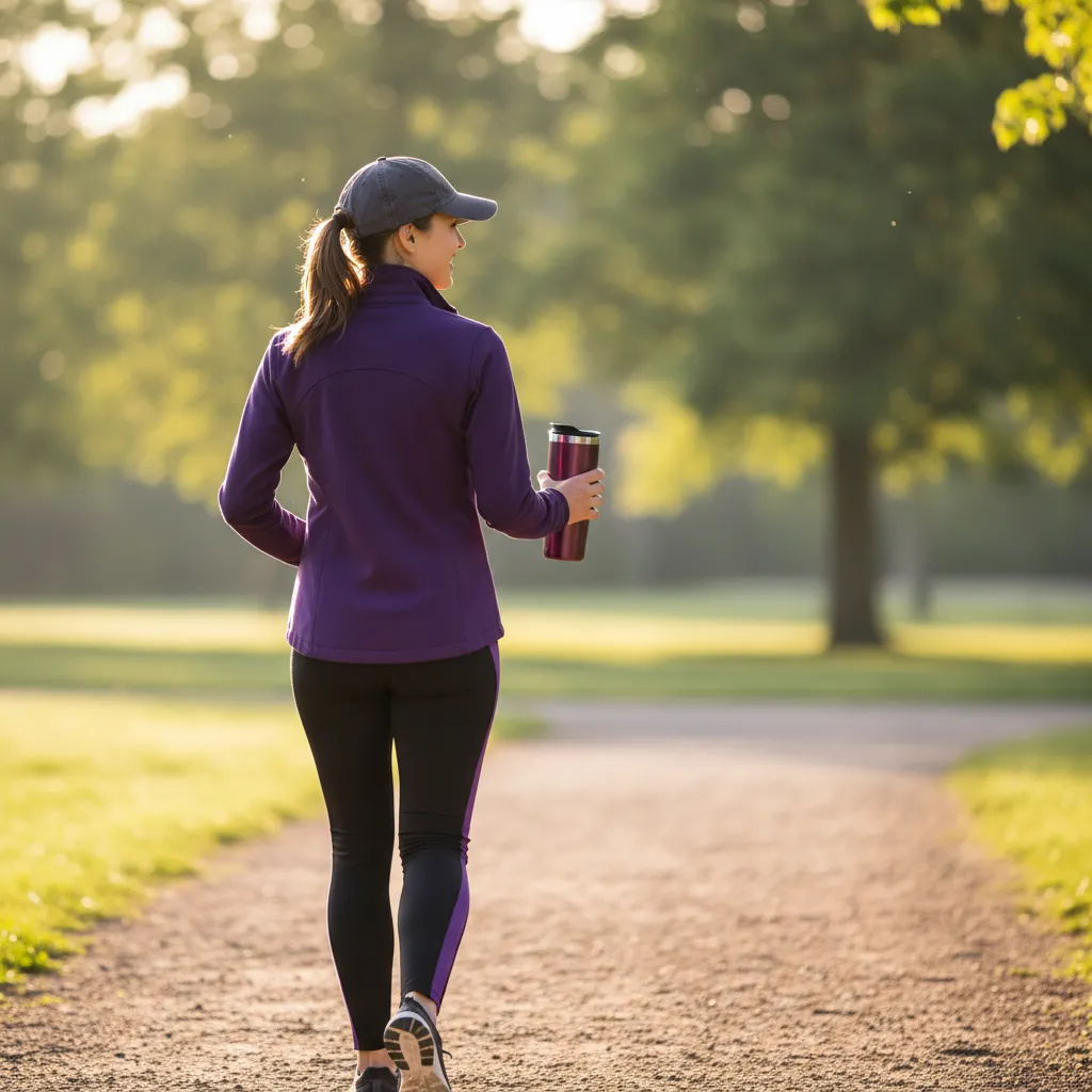 Person walking in a park on a bright morning - active daily lifestyle routine
